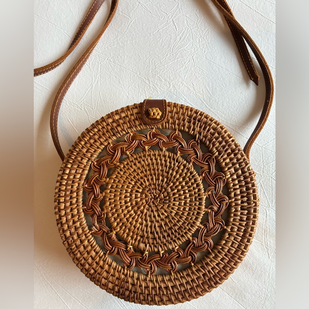 Handwoven Rattan Round Bag w/Adjustable Leather Strap